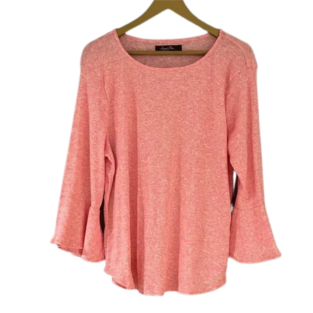 Sweet Pea Heathered Pink Bell Sleeve Top Soft Feminine Flowy Casual